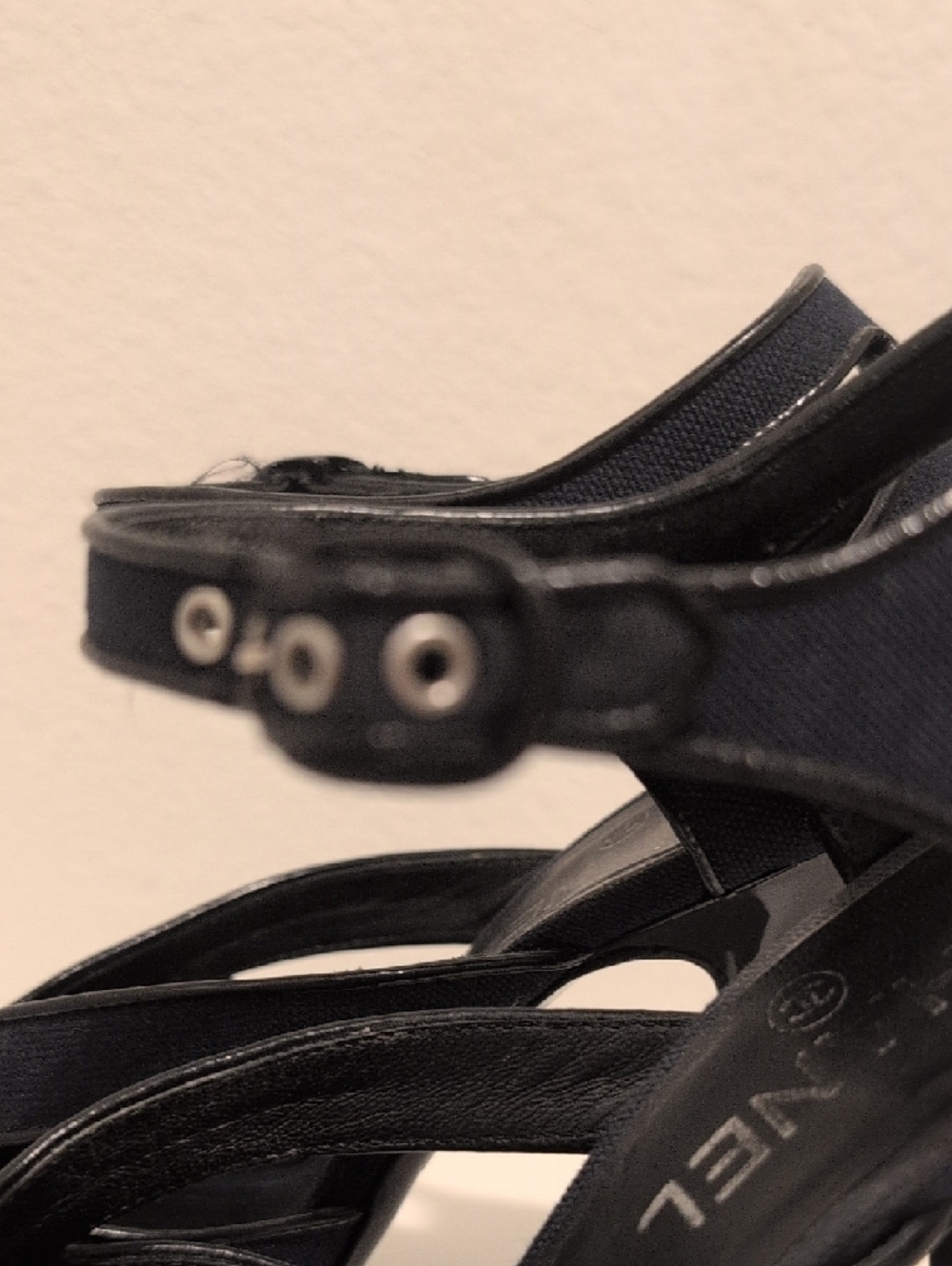 CHANEL Black Patent & Denim Crisscross Peep-Toe Ankle-Strap Heels - Picture 5 of 6